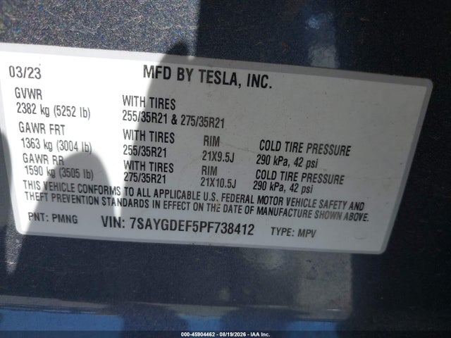 Aukcja sprzedaży 2023 Tesla Model Y Performance Dual Motor All-wheel Drive, vin: 7SAYGDEF5PF738412, numer aukcji: 45904462