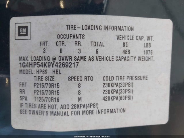 45904470 :رقم المزاد ، 1G4HP54K9Y4269217 vin ، 2000 Buick Lesabre Custom مزاد بيع