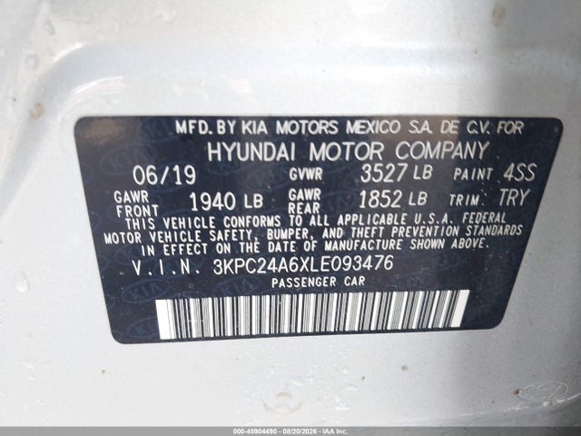 45904490 :رقم المزاد ، 3KPC24A6XLE093476 vin ، 2020 Hyundai Accent Sel مزاد بيع
