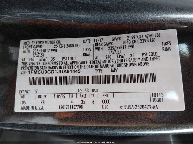 45904494 :رقم المزاد ، 1FMCU9GD1JUA91445 vin ، 2018 Ford Escape Se مزاد بيع