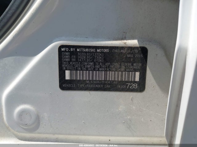 45904502 :رقم المزاد ، ML32A3HJ7FH047141 vin ، 2015 Mitsubishi Mirage De مزاد بيع