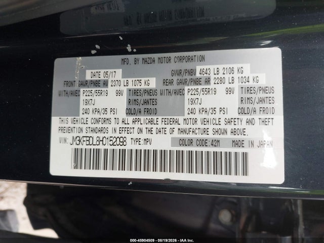 Продаж на аукціоні авто 2017 Mazda Cx-5 Grand Touring, vin: JM3KFBDL8H0152098, номер лоту: 45904509