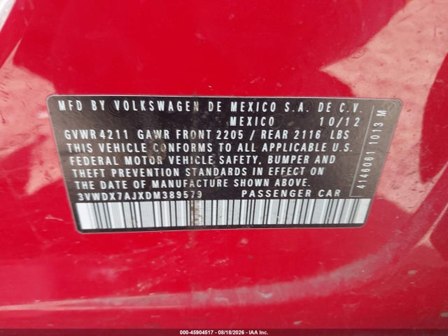 2013 Volkswagen Jetta 2.5l Se მანქანა იყიდება აუქციონზე, vin: 3VWDX7AJXDM389579, აუქციონის ნომერი: 45904517