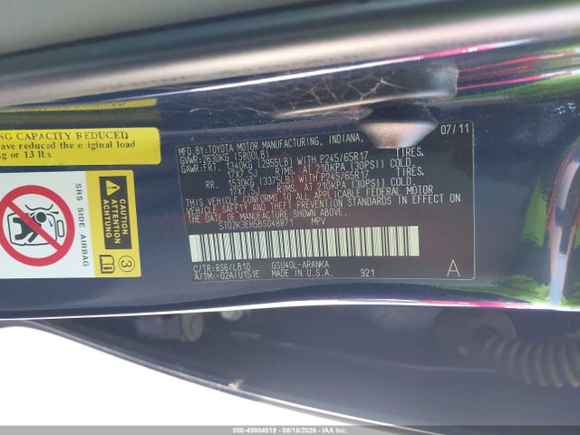 Aukcja sprzedaży 2011 Toyota Highlander Se V6, vin: 5TDZK3EH5BS048871, numer aukcji: 45904519