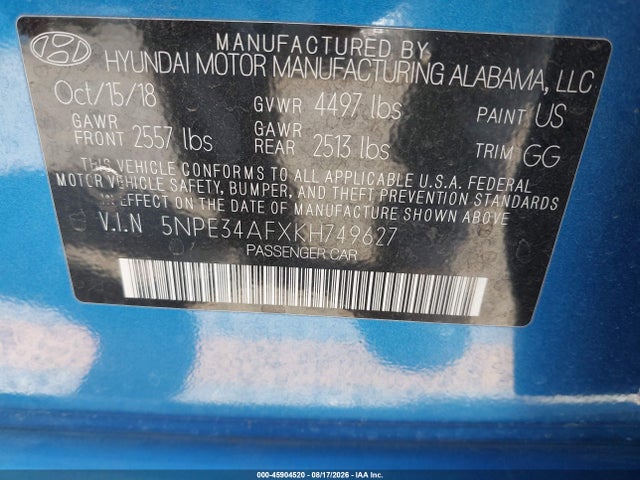 5NPE34AFXKH749627 Hyundai SONATA SEL