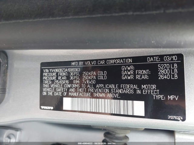 Продажа на аукционе авто 2010 Volvo Xc70 3.2, vin: YV4960BZ3A1089363, номер лота: 45904522