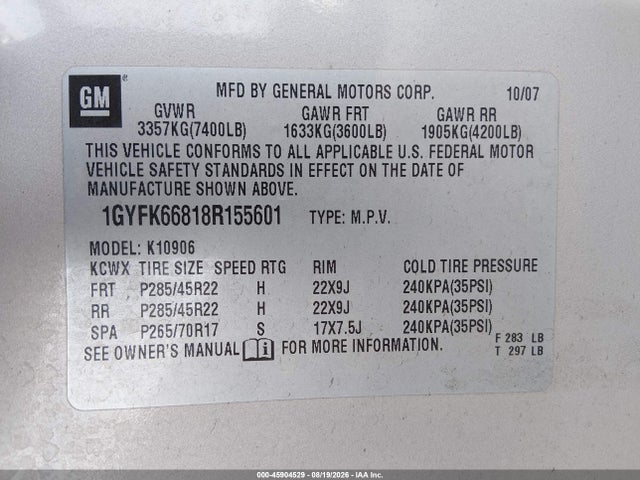 Продажа на аукционе авто 2008 Cadillac Escalade Esv, vin: 1GYFK66818R155601, номер лота: 45904529