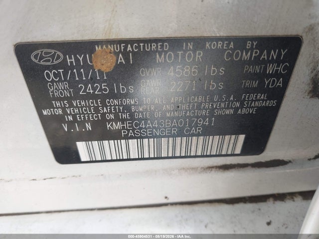 Aukcja sprzedaży 2011 Hyundai Sonata Hybrid, vin: KMHEC4A43BA017941, numer aukcji: 45904531
