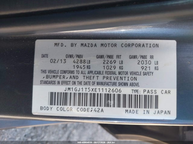 Aukcja sprzedaży 2014 Mazda Mazda6 I Touring, vin: JM1GJ1T5XE1112606, numer aukcji: 45904539