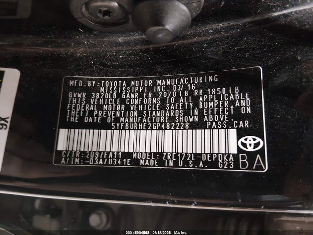 Toyota COROLLA L 2016 5YFBURHE2GP482228 Image 9