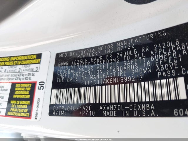 4T1C31AK6NU599217 Toyota Camry Le Hybrid