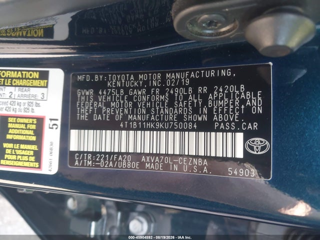 Aukcja sprzedaży 2019 Toyota Camry Le, vin: 4T1B11HK9KU750084, numer aukcji: 45904592