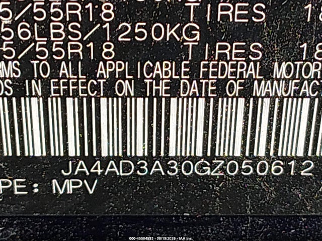 45904593 :رقم المزاد ، JA4AD3A30GZ050612 vin ، 2016 Mitsubishi Outlander Se مزاد بيع