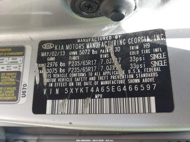 Продаж на аукціоні авто 2014 Kia Sorento Lx, vin: 5XYKT4A65EG466597, номер лоту: 45904594