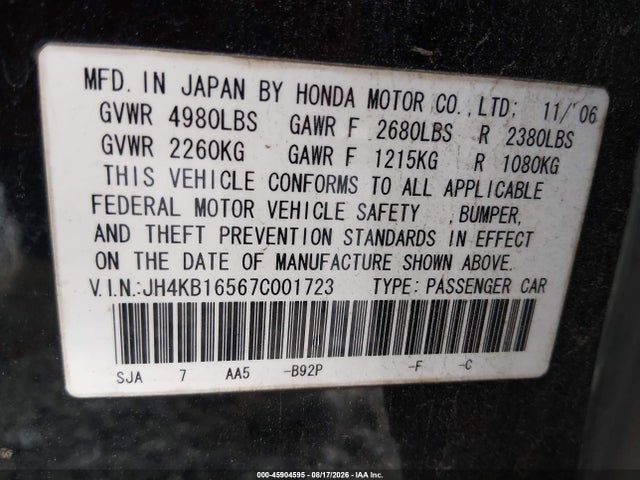 Продажа на аукционе авто 2007 Acura Rl 3.5, vin: JH4KB16567C001723, номер лота: 45904595