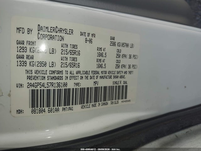 45904612 :رقم المزاد ، 2A4GP54L57R136100 vin ، 2007 Chrysler Town & Country Touring مزاد بيع