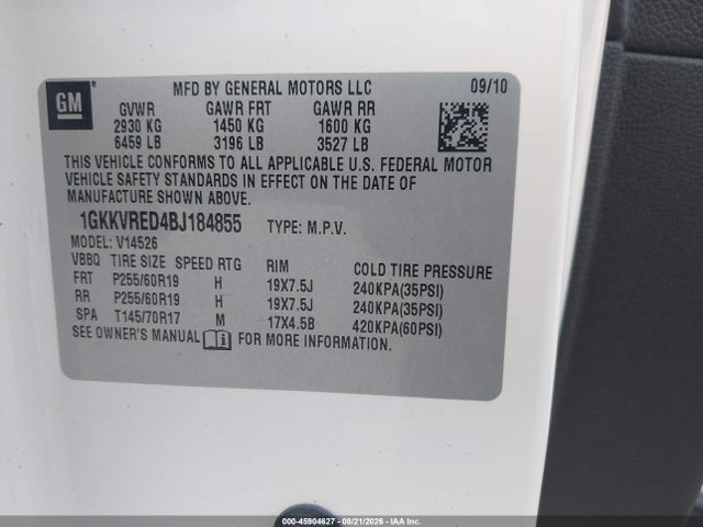 45904627 :رقم المزاد ، 1GKKVRED4BJ184855 vin ، 2011 Gmc Acadia Slt-1 مزاد بيع