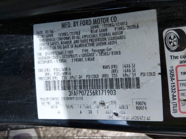 45904655 :رقم المزاد ، 3FAFP07Z56R171903 vin ، 2006 Ford Fusion Se مزاد بيع