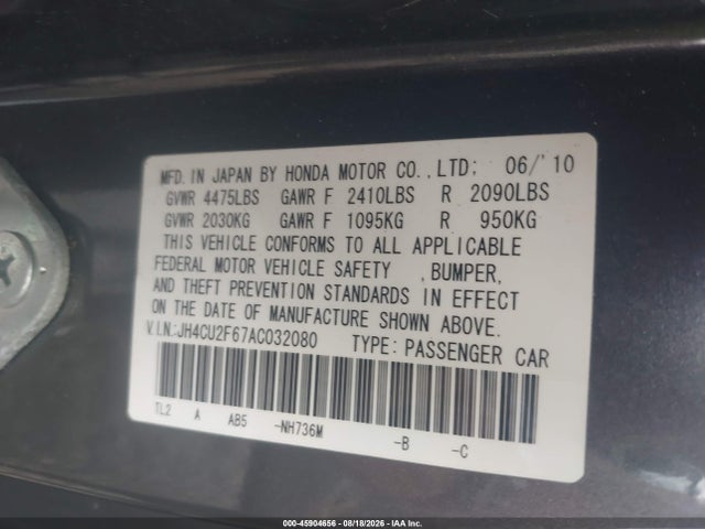 2010 Acura Tsx 2.4 მანქანა იყიდება აუქციონზე, vin: JH4CU2F67AC032080, აუქციონის ნომერი: 45904656