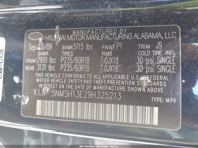 2009 Hyundai Santa Fe Limited მანქანა იყიდება აუქციონზე, vin: 5NMSH13E29H325213, აუქციონის ნომერი: 45904668