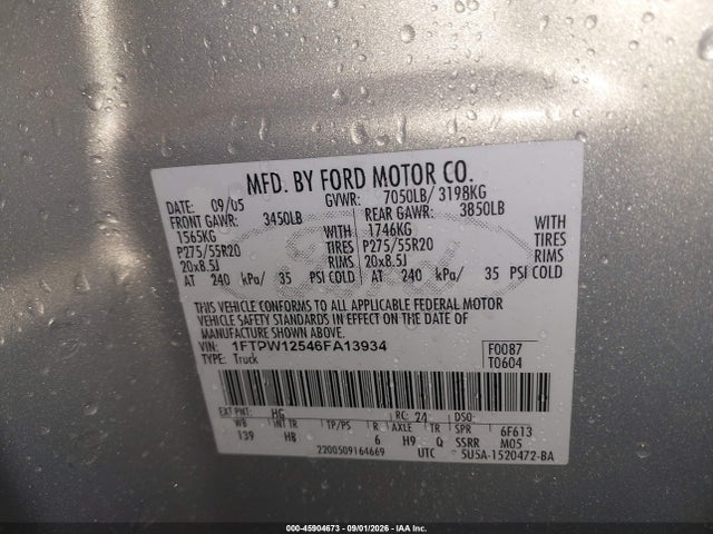 Продаж на аукціоні авто 2006 Ford F-150 Lariat/xlt, vin: 1FTPW12546FA13934, номер лоту: 45904673