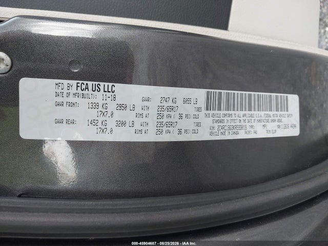 45904687 :رقم المزاد ، 2C4RC1BG3KR593019 vin ، 2019 Chrysler Pacifica Touring L مزاد بيع
