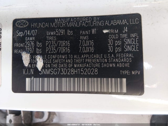 45904731 :رقم المزاد ، 5NMSG73D28H152028 vin ، 2008 Hyundai Santa Fe Gls مزاد بيع
