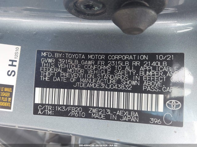 JTDEAMDE3NJ043832 Toyota Corolla Hybrid Le