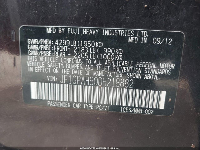Aukcja sprzedaży 2013 Subaru Impreza 2.0i Limited, vin: JF1GPAH60DH218882, numer aukcji: 45904752