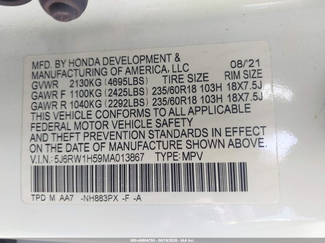 Продажа на аукционе авто 2021 Honda Cr-v 2wd Ex, vin: 5J6RW1H59MA013867, номер лота: 45904758