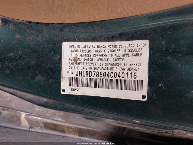 Продаж на аукціоні авто 2004 Honda Cr-v Ex, vin: JHLRD78804C040116, номер лоту: 45904767