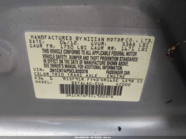45904769 :رقم المزاد ، 3N1CN7AP5CL920378 vin ، 2012 Nissan Versa 1.6 S مزاد بيع