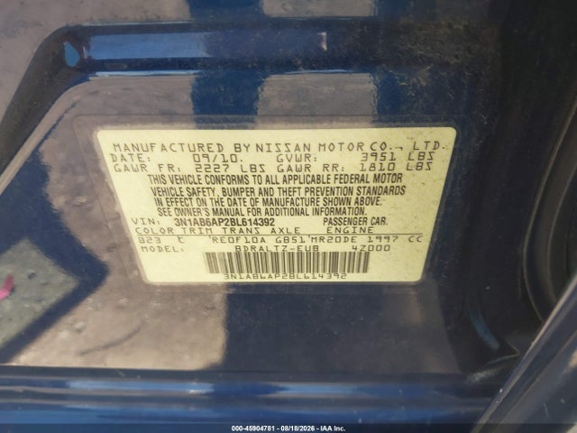 45904781 :رقم المزاد ، 3N1AB6AP2BL614392 vin ، 2011 Nissan Sentra 2.0s مزاد بيع