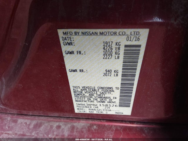 Продажа на аукционе авто 2016 Nissan Altima 2.5/2.5 S/2.5 Sl/2.5 Sr/2.5 Sv, vin: 1N4AL3AP4GC158526, номер лота: 45904790
