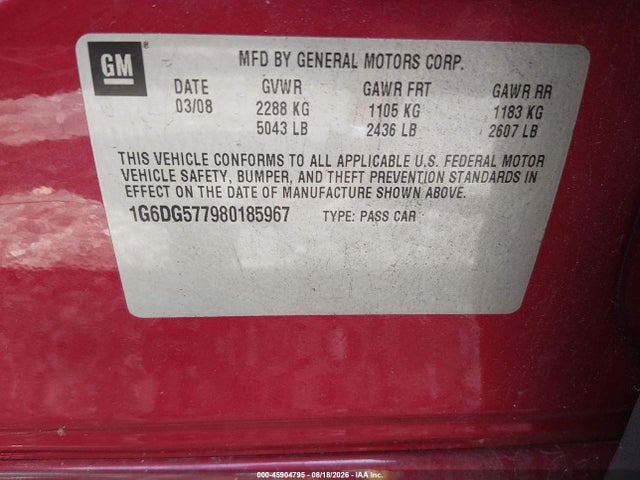 45904795 :رقم المزاد ، 1G6DG577980185967 vin ، 2008 Cadillac Cts Awd W/1sa مزاد بيع