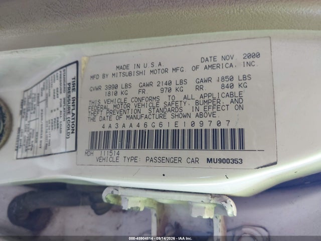 2001 Mitsubishi Galant Es მანქანა იყიდება აუქციონზე, vin: 4A3AA46G61E109707, აუქციონის ნომერი: 45904814