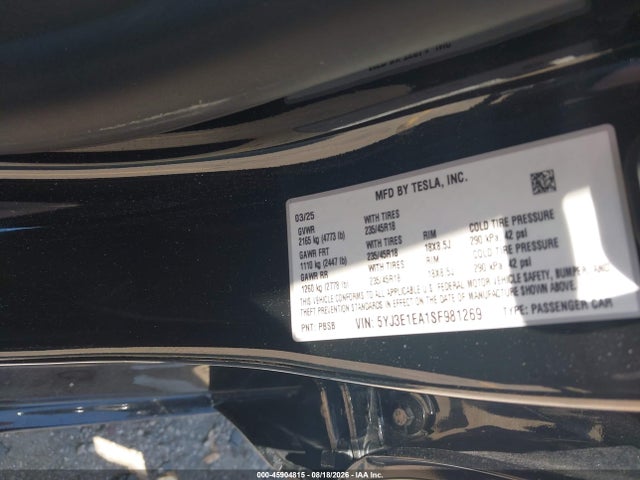 Продажа на аукционе авто 2025 Tesla Model 3 Long Range Rear-wheel Drive/standard Rear-wheel Drive, vin: 5YJ3E1EA1SF981269, номер лота: 45904815