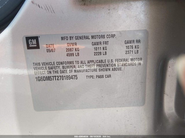 2007 Cadillac Cts Base W/1sa მანქანა იყიდება აუქციონზე, vin: 1G6DM57T270189475, აუქციონის ნომერი: 45904836