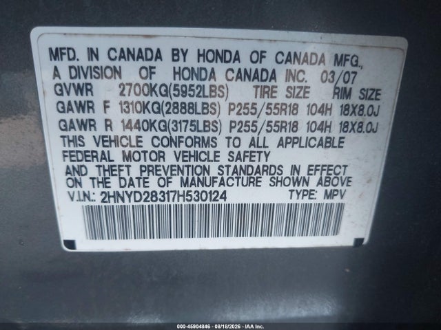Продаж на аукціоні авто 2007 Acura Mdx Technology Package, vin: 2HNYD28317H530124, номер лоту: 45904846