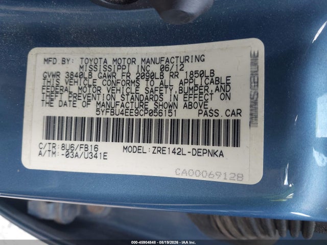 Aukcja sprzedaży 2012 Toyota Corolla Le, vin: 5YFBU4EE9CP056151, numer aukcji: 45904848