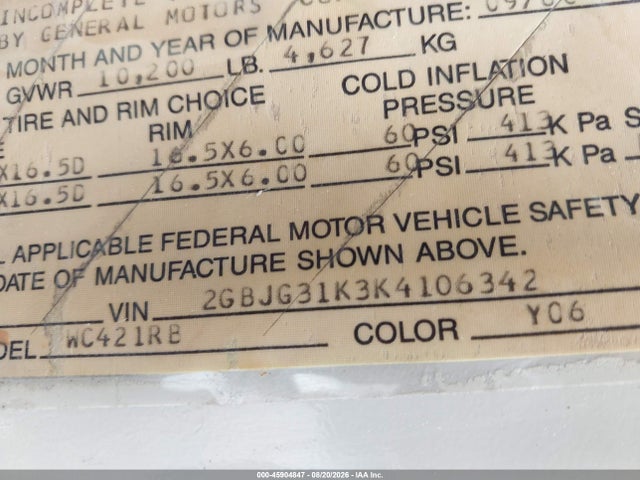 45904847 :رقم المزاد ، 2GBJG31K3K4106342 vin ، 1989 Chevrolet G30 مزاد بيع