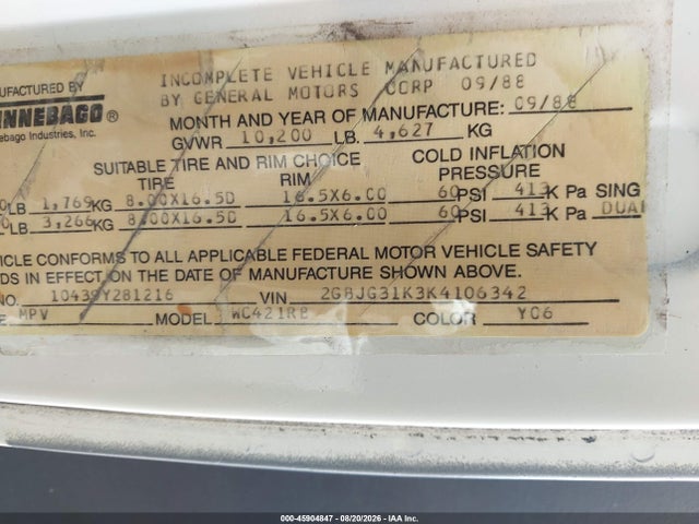 45904847 :رقم المزاد ، 2GBJG31K3K4106342 vin ، 1989 Chevrolet G30 مزاد بيع