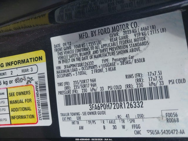 Aukcja sprzedaży 2013 Ford Fusion Se, vin: 3FA6P0H72DR126332, numer aukcji: 45904849
