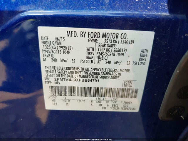 45904850 :رقم المزاد ، 2FMTK4J9XFBB64791 vin ، 2015 Ford Edge Sel مزاد بيع