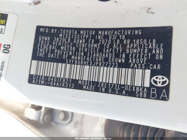 Aukcja sprzedaży 2018 Toyota Corolla Le, vin: 5YFBURHEXJP827223, numer aukcji: 45904852