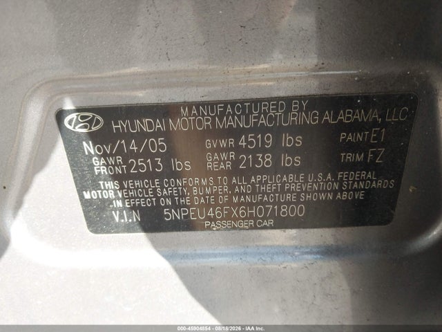Aukcja sprzedaży 2006 Hyundai Sonata Gls V6/lx V6, vin: 5NPEU46FX6H071800, numer aukcji: 45904854