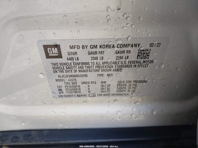 Aukcja sprzedaży 2022 Buick Encore Awd Preferred, vin: KL4CJESM3NB533795, numer aukcji: 45904858