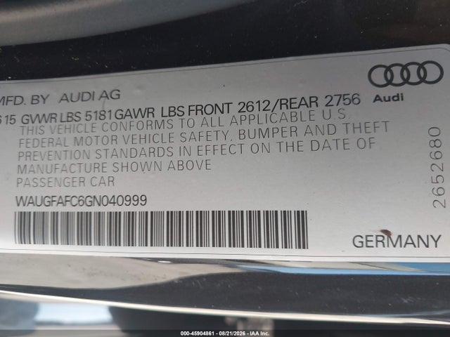 Aukcja sprzedaży 2016 Audi A6 2.0t Premium Plus, vin: WAUGFAFC6GN040999, numer aukcji: 45904861