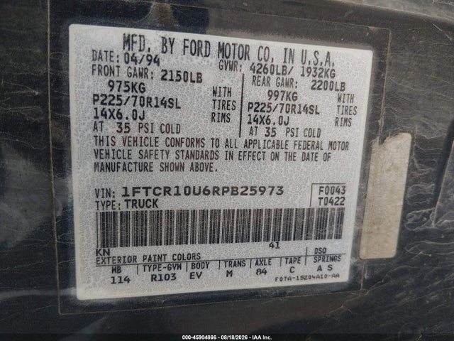 Aukcja sprzedaży 1994 Ford Ranger, vin: 1FTCR10U6RPB25973, numer aukcji: 45904866