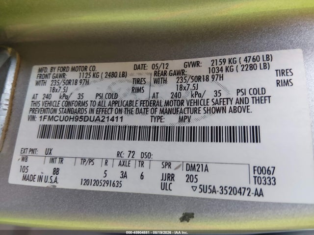 Aukcja sprzedaży 2013 Ford Escape Sel, vin: 1FMCU0H95DUA21411, numer aukcji: 45904881